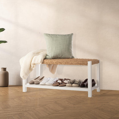 Alaterre Furniture Bench with Handcrafted Woven Rope Seat - Newport Collection 40-Inch Wood Bench with Storage Shelf for Entryway or Hallway - Indoor Furniture (White)