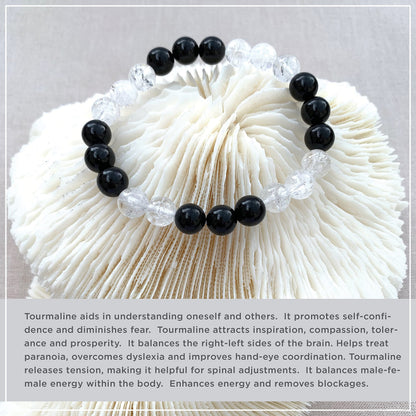 Joyfulmuze Tourmaline and Clear Quartz Bracelet, Black and White Crystals, Chakra Energy Healing, Handmade Jewelry for Women and Man, Fit 6.5-7 inches Wrist (Tourmaline - Clear Quartz)