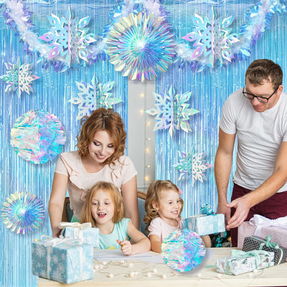 Soulchen 14 Pcs Winter Wonderland Snowflake Party Decorations Baby Shower Party Ornament with 6ft Backdrop Snowflake Hanging Honeycomb Fan and Garland for Baby Its Cold Outside Decor