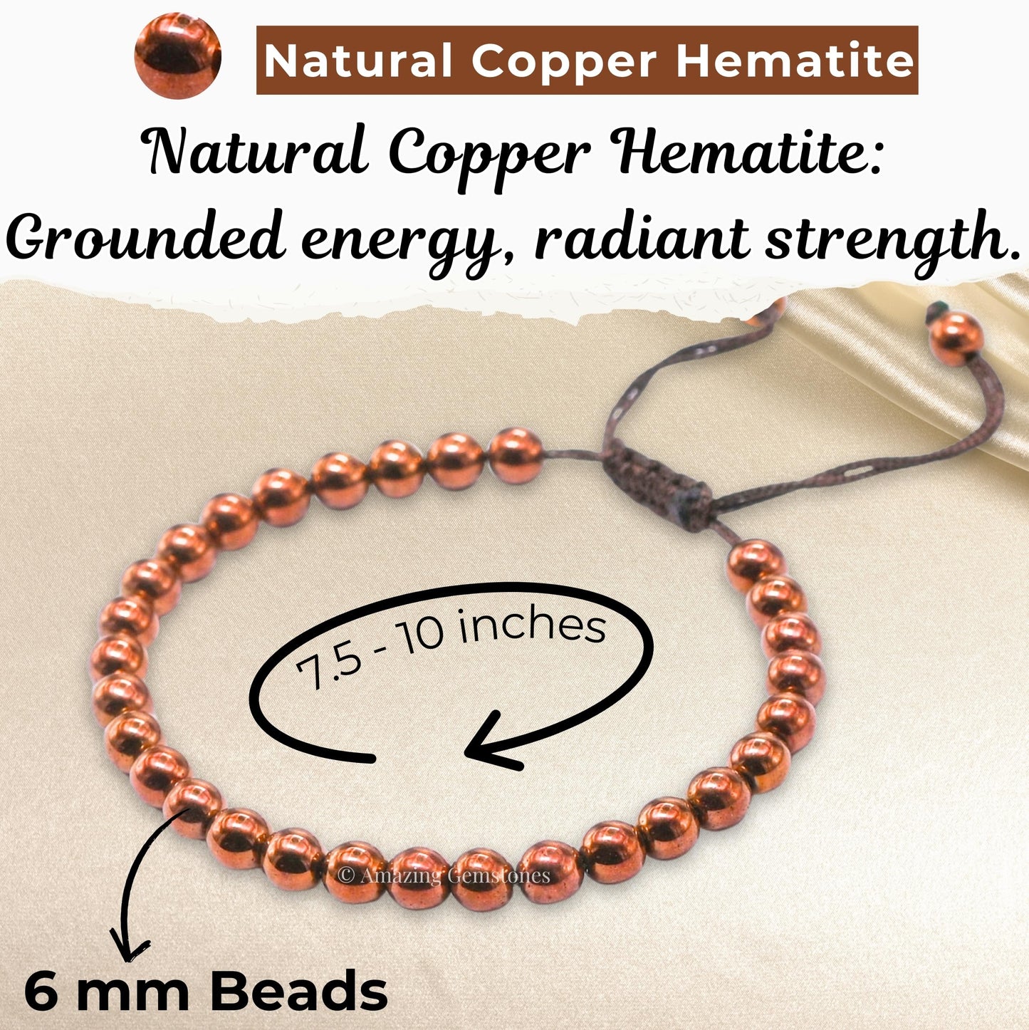 Copper Hematite Bracelet for Women Men's Gifts - Protection Healing Crystal Bracelet - 6mm Gemstone Beaded Adjustable Bracelet Pulseras Para Hombres Mujer Stocking Stuffers