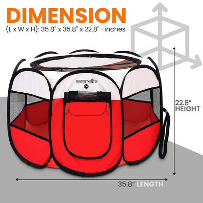 SereneLife On-The-Go Foldable Portable Pet Tent 8-Panel Playpen for Dog & Cat w/Food/Water Bowl, Mesh Exercise Puppy Playground, Pet House Indoor & Outdoor, Travel & Camping Pet Kennel (Red- Medium)