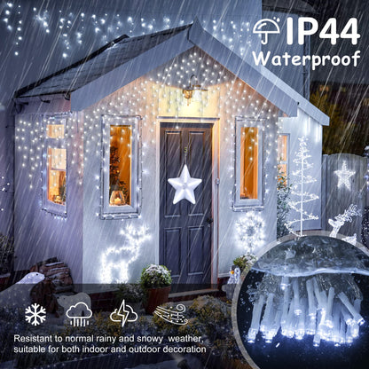 oopswow Icicle Lights Outdoor Decorations 300 LED 33ft 8 Modes Curtain Fairy String Light with 50 Drops, LED String Light Indoor for Wedding Party Holiday Christmas Decorations,White