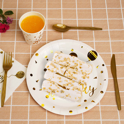 200 pieces of white and gold birthday party supplies, disposable happy birthday tableware set, gold plastic knives, forks, spoons, straws. Birthday themed tray, cup,25Guests（white）