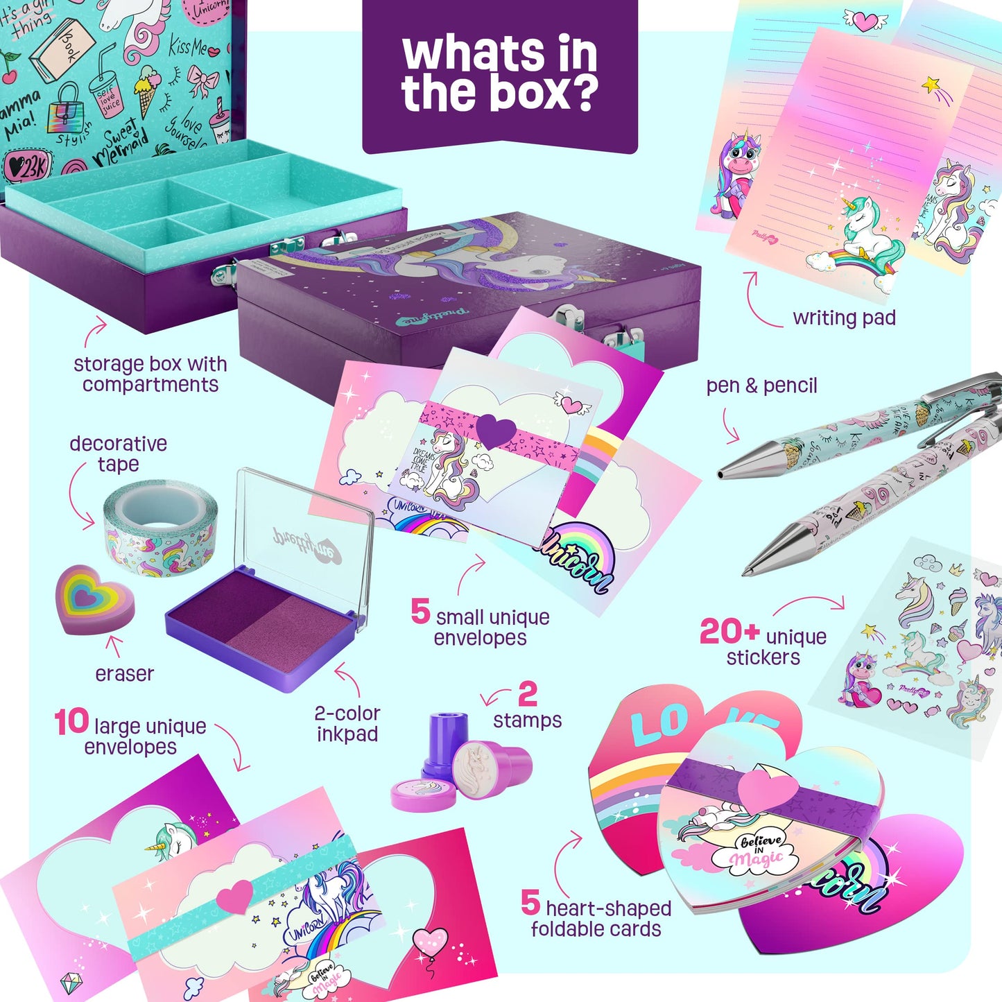 Pretty Me Unicorn Stationery Set for Kids - Birthday Gifts for Girls Ages 6, 7, 8, 9, 10 to 12 Year Old Age - Stationary Letter Writing Art Kit - Best Girl Birthday Gift - Preteen Craft Toys, Presents