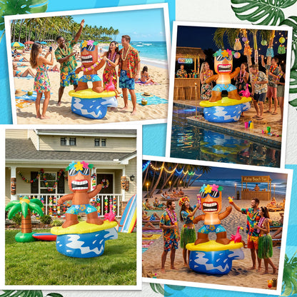 GUDELAK 5FT Flamingo Inflatable Tiki Surfboard Luau Party Decorations, Summer Inflatables Outdoor Decorations with LEDs and Blower, Tiki Blow Up Flamingo for Tropical Beach Pool Summer Yard Decor
