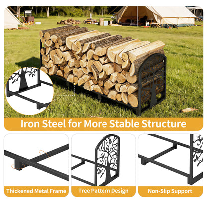 ZONVEOKE 4ft Firewood Rack Outdoor Indoor, Heavy Duty Log Storage Holder with Artistic Tree Silhouette Sides, Steel Wood Pile Stand for Backyard, Patio & Porch, Holds 1/4 Cord Firewood