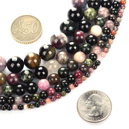10mm Natural Colourful Tourmaline A Gemstone Round Loose Beads Crystal Stone Bracelet Necklace Accessories Crafts for Jewelry Making DIY,1 Strand 15"