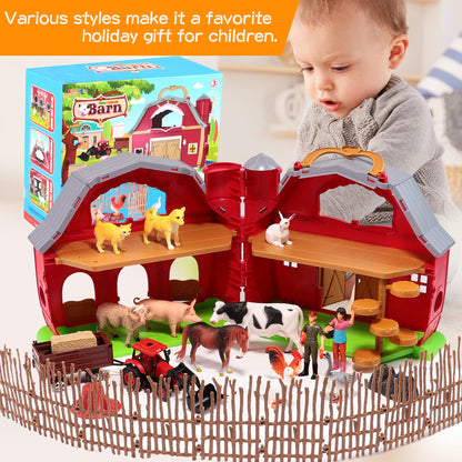 EnAuRoL Red Barn Farm Animals Toys, 28PCS Animals Figures and Farm Tractor Playset, Educational Learning Toys for Toddlers and Kids 3 4 5 Year Old Boys and Girls Birthday Festival Gift