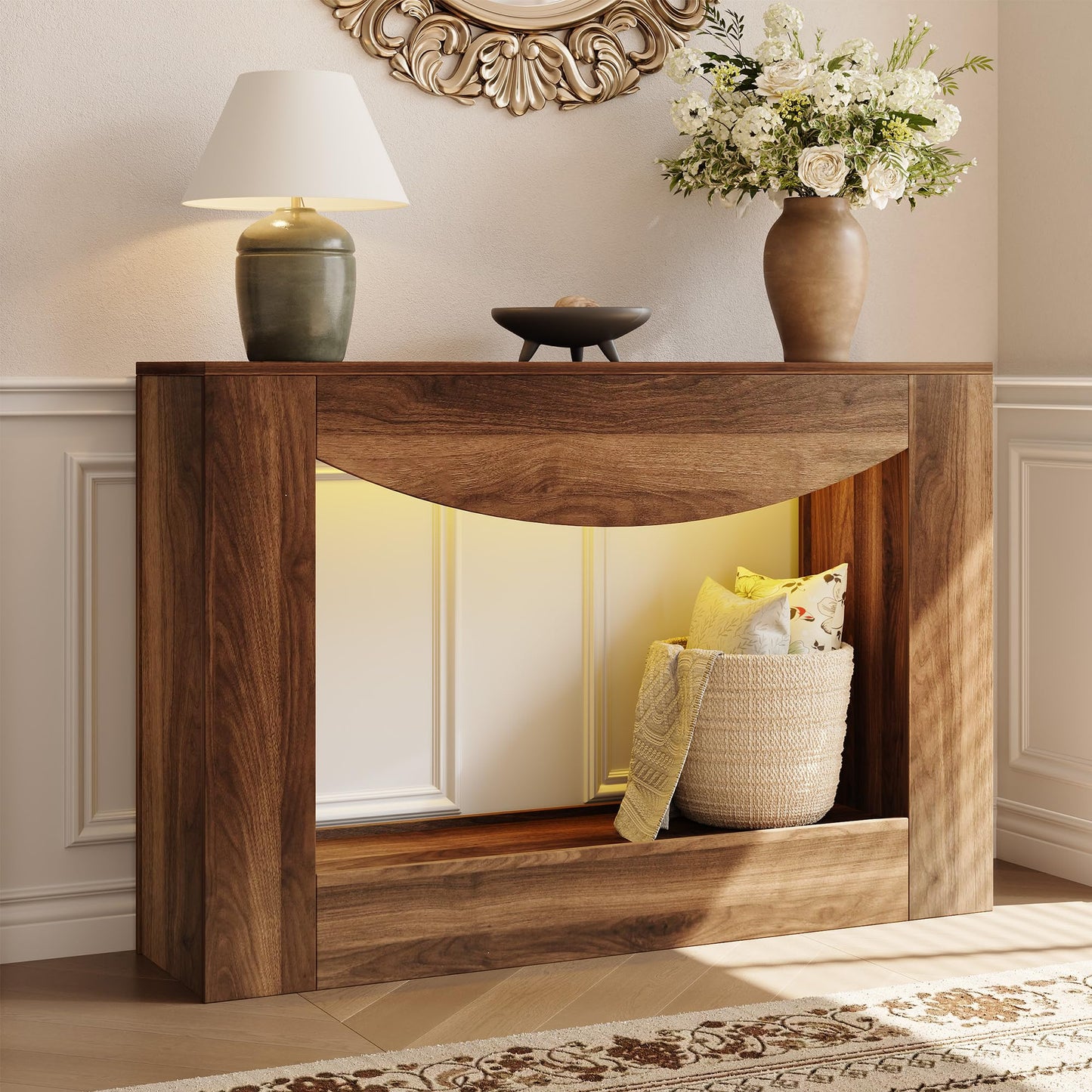 knoworld Farmhouse Console Table, 47 Inches Entryway Console Table with LED Light, Sofa Table Behind Couch, Wooden Accent Entryway Table for Living Room, Hallway