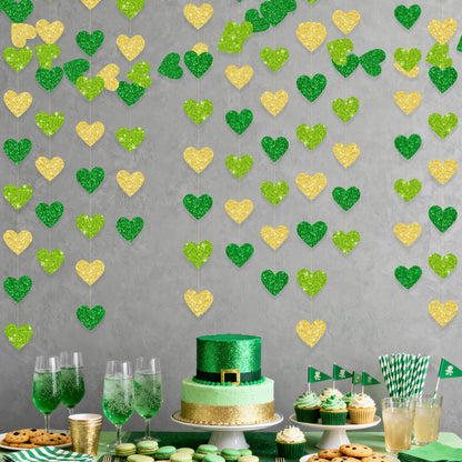 Gold and Green Heart Party Decorations Glitter Paper Love Heart Hanging Banner Streamer Garland for Birthday Wedding Valentines Day Spring Master Golf St Patrick's Day Christmas Holiday Party Supplies