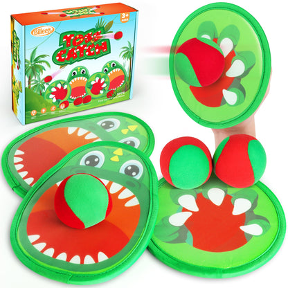 Billeeit 10.6 In Big Dinosaur Toss and Catch Ball Set, Catch Game Toys for Kids 3 4 5 6 7 8 9 10, Outdoor Yard Games Beach Toys for Family Outside Activities w/4 Big Rackets, 4 Balls, 1 Drawstring Bag