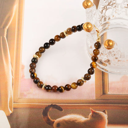 PERNNLA PEARL Tigers Eye Crystal Beaded Bracelets Handmade Anxiety Healing Bracelets for Women Dainty Eye of The Tiger Gemstone Protection Gold Bracelet 7.5”
