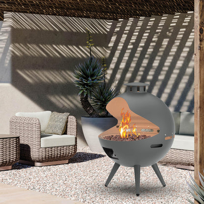 24-Inch Chimenea Outdoor Gas Fireplace, 55,000 BTU Propane Fire Pit with Lava Rocks and Rain Cover, Hemispherical 3-Legged Firepit, Gray