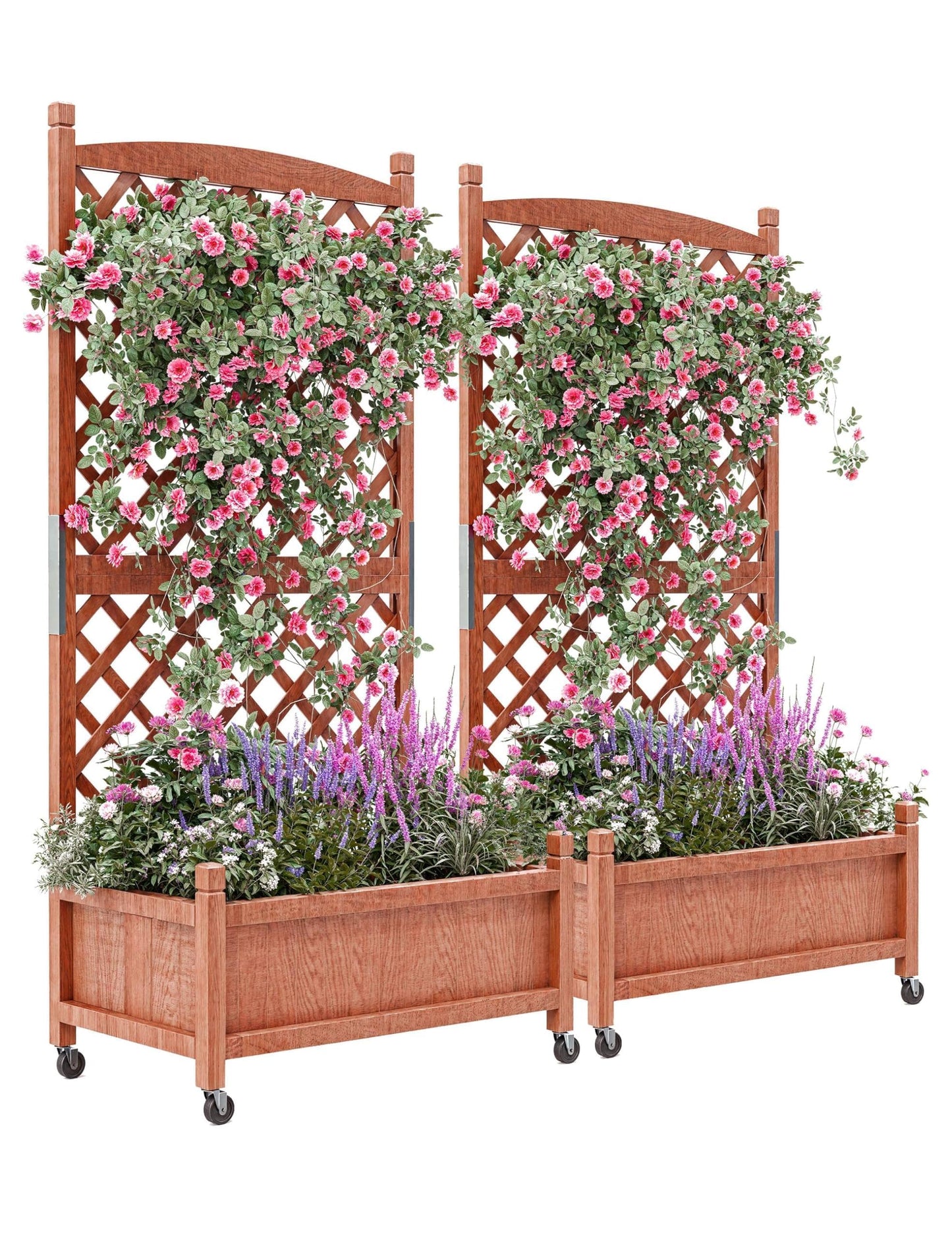 2PCS Raised Garden Bed with Trellis,61.5" Vertical Wooden Garden Bed on Wheels with Drainage Holes,for Plant Flower Climbing Pot Hanging, Indoor & Outdoor Planter Box for Yard, Garden, Balcony