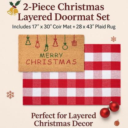 Christmas Door Mat Combo Set - 100% Coco Coir Welcome Mat + 28 x 43 Inch Red and White Plaid Rug, Holiday New Year Christmas Collection Decorative Doormat for Front Porch Entryway Decor