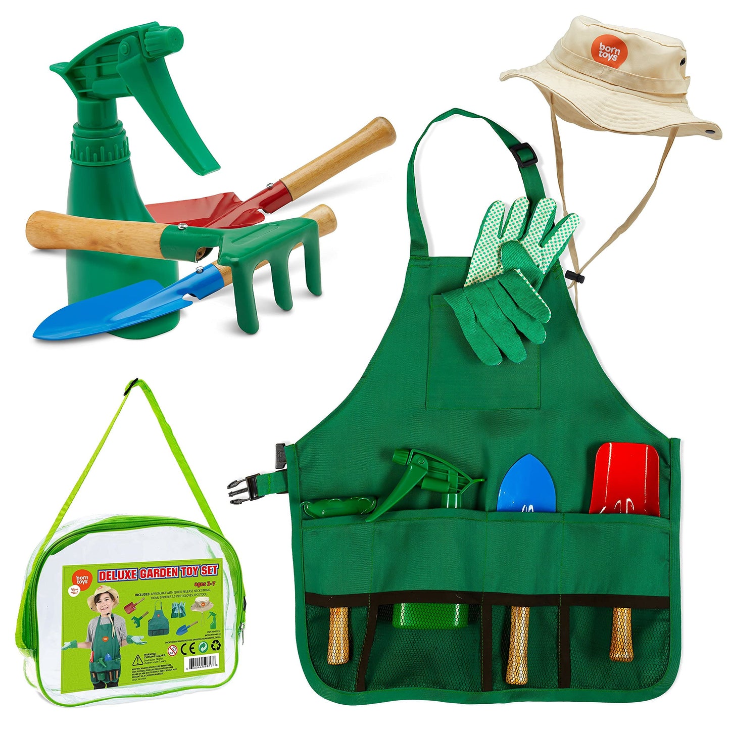 Born Toys Kids Garden Set for Boys & Girls Ages 3-7, Toddler Gardening Kit with Kids Gardening Tools - Gardening Apron, Gloves, Hat, Working Spray Bottle, Trowel Shovel & Rake, Outdoor Activity Toys