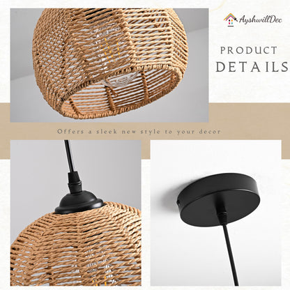 AyshwillDec Mini Hemp Rope Woven Pendant Light Woven Light Fixture Boho Chandelier Light Fixture Wicker Pendant Light Rattan Light Pendant Dome Wicker Chandelier for Bedroom Kitchen Island(Bulb Incl.)