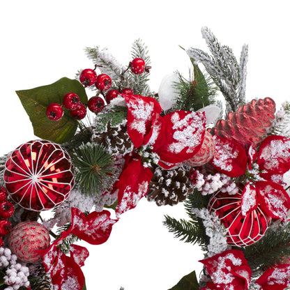 SAFAVIEH Home Collection - 28" Faux Snowy Needle Pine Wreath with Red Poinsettias, Ornaments & Pinecones (FXP1032A)