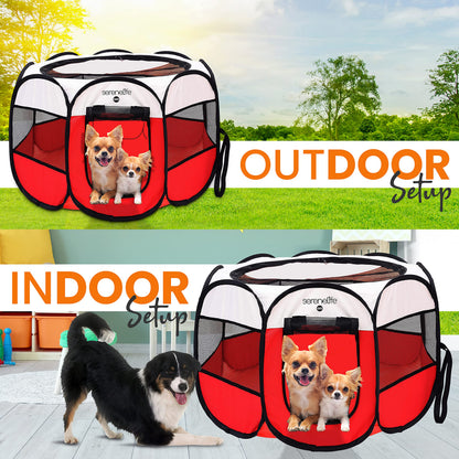 SereneLife On-The-Go Foldable Portable Pet Tent 8-Panel Playpen for Dog & Cat w/Food/Water Bowl, Mesh Exercise Puppy Playground, Pet House Indoor & Outdoor, Travel & Camping Pet Kennel (Red- Medium)