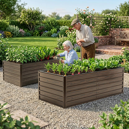 RocVanc Galvanized Raised Garden Beds 6x3x2FT Outdoor Planter Boxes with Safety Edging and Gloves Metal Garden Bed Kit for Vegetables Flower and Fruits (Brown Wood Grain