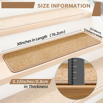 DONJOP 9.5x36 Inch Stair Treads for Wooden Steps Indoor(15-Pack) – Non Slip Adhesive Peel and Stick Carpet Stair Treads, Washable & Reusable Stair Runner Rugs for Kids Elders and Pets-Khaki