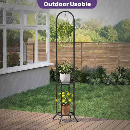 Wieghda Metal Plant Stand 2-Tier with Hanging Hook for Indoor Outdoor Plants,Sturdy Steel Plant Shelf Display Rack(Black)