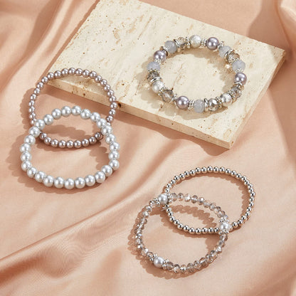 Noessla Beaded Pearl Stretch Bracelet Silver Stackable Crystal Beads Bracelets Trendy Costume Jewelry Mothers Day Gifts for Women(Grey)