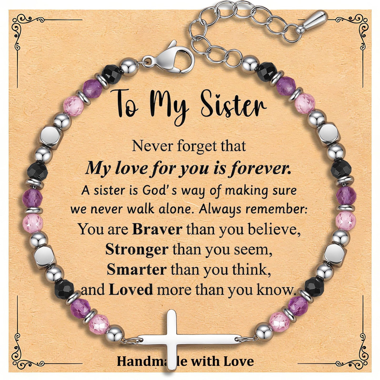 Sisters Gifts from Sister, Dainty Christian Cross Bracelet Adjustable Crystal Anxiety Relief Jewelry for Birthday, Graduation, Christmas, Anniversary