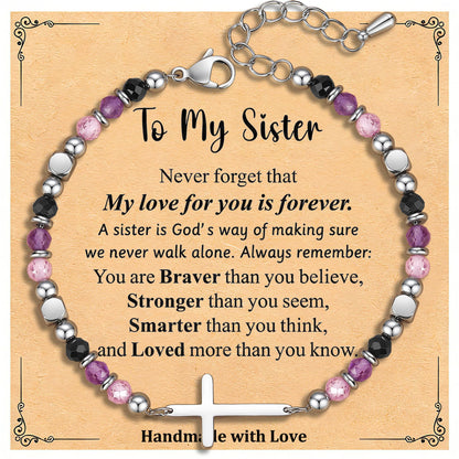 Sisters Gifts from Sister, Dainty Christian Cross Bracelet Adjustable Crystal Anxiety Relief Jewelry for Birthday, Graduation, Christmas, Anniversary