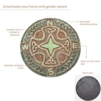 Bits and Pieces - 10” (25.5 cm) Glow-in-The-Dark Celtic Compass Decorative Stone - Yard Decoration – Beautiful Lawn/Garden Stone