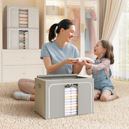 LeArex Clothes Storage Bins with Metal Frame Foldable Storage Box Clothes Organizers Storage Containers for Clothes Sheets Blankets Books Toys Gifts and Holiday Decorations (100Lx3 Pack)