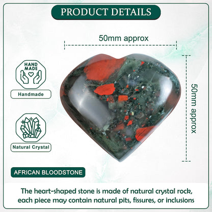 Crocon 50mm African Bloodstone Heart Stone Big Heart Shape Puff Stones Set 450+ Carats Pocket Crystal Healing Tumble Collection Palm Worry Stone Good Luck Charm Meditation Gift Craft Home Decor