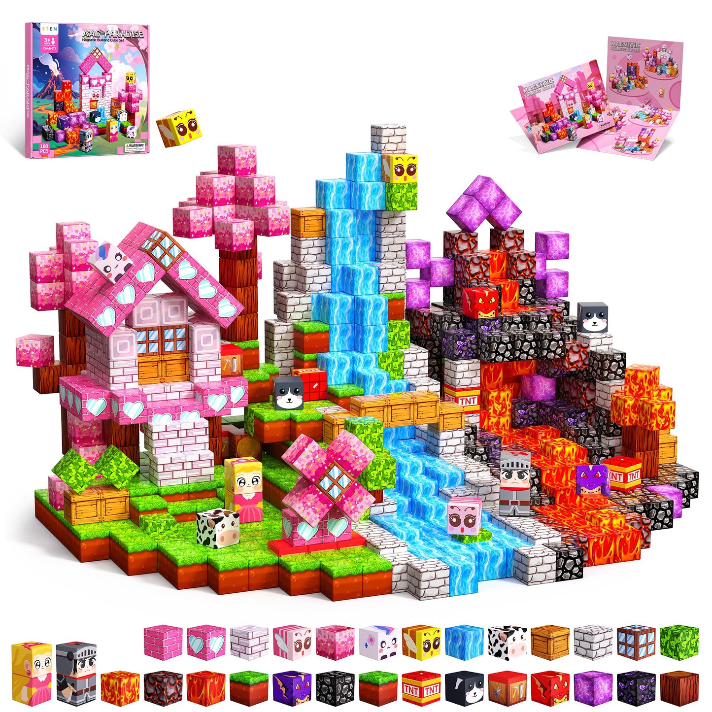 Magnetic Blocks for Kids, 100PCS 0.8inch Magnetic Building Blocks, Magnetic Cubes for STEM Constructions Magnetic Blocks for Boys Girls Age 3 4 5 6 7 8-12, Ideal Holiday Birthday Gifts(Sakura Lava)