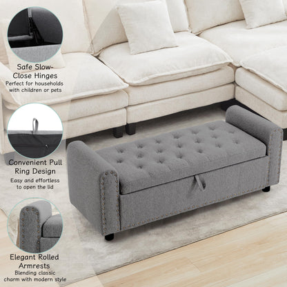 Ottoman with Storage, Tufted Storage Bench for Bedroom, 48" Fabrics End of Bed Bench, Upholstered Entryway Shoe Benches with Rolled Arm & Inner Zipper, Window Ottomans Chest with Rivets, Drak Grey