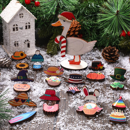 Amyhill 26 Pcs Holiday Interchangeable Desk Goose Decor Mini Wooden Seasonal DIY Goose Outfits with Magnetic All Season Table Centerpiece Signs for Table Desk Gift, 3.7 x 4.7 Inches