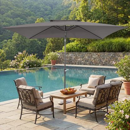 6.6 x 10 ft Rectangular Patio Umbrella, Outdoor Market Table Umbrella with Push Button Tilt and Crank, Double-Tier Vent, 6 Ribs, Rectangle Patio Umbrella for Backyard, Deck, Pool, Fits 4–6 Chairs and Tables (Grey)