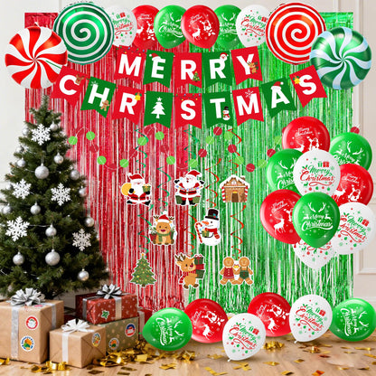 Christmas Party Supplies Decorations Set, Merry Christmas Banner, Foil Balloons, Hanging Swirls, Red and Green Metallic Fringe Curtains, Circle Dots Garland