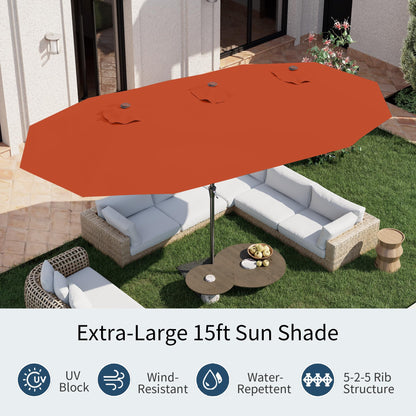 PatioKingdom 15FT Large Patio Umbrella with Base, Double Sided Rectangular Outdoor Umbrella with Sturdy Fiberglass Ribs, Market Umbrella for Pool,Garden,Backyard,Deck (Orange, 15FT)