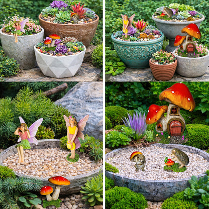 Mood Lab Fairy Garden Figurines - Mushroom House Set (6 pcs) - Miniature Decorative Statues & Accessories - Outdoor & Indoor Garden Decor