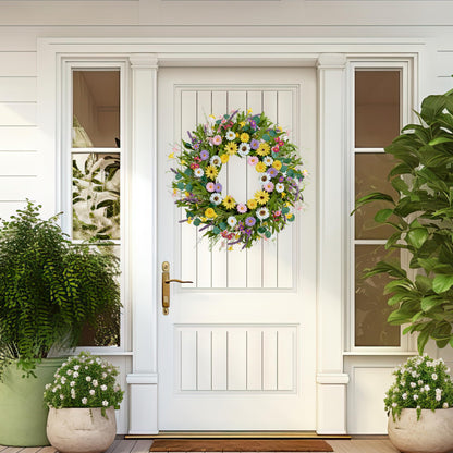 MAINGKAUNG Spring Wreath 22 Inch Artificial Summer Wreath with Yellow Daisy Flowers Green Eucalyptus Leaves Lavender Spring Wreaths for Front Door Home Farmhouse Porch Wall Easter Festival