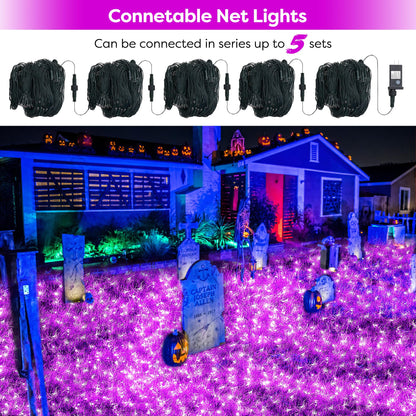 WBao Halloween Lights Outdoor 200LED F8 Big Bulbs, 8.4ft x 5.2ft Halloween Net Lights with 8 Modes, Timer, Connectable, Waterproof & Dark Green Wire for Lawn, Bushes, Trees Outdoor Decorations, Purple