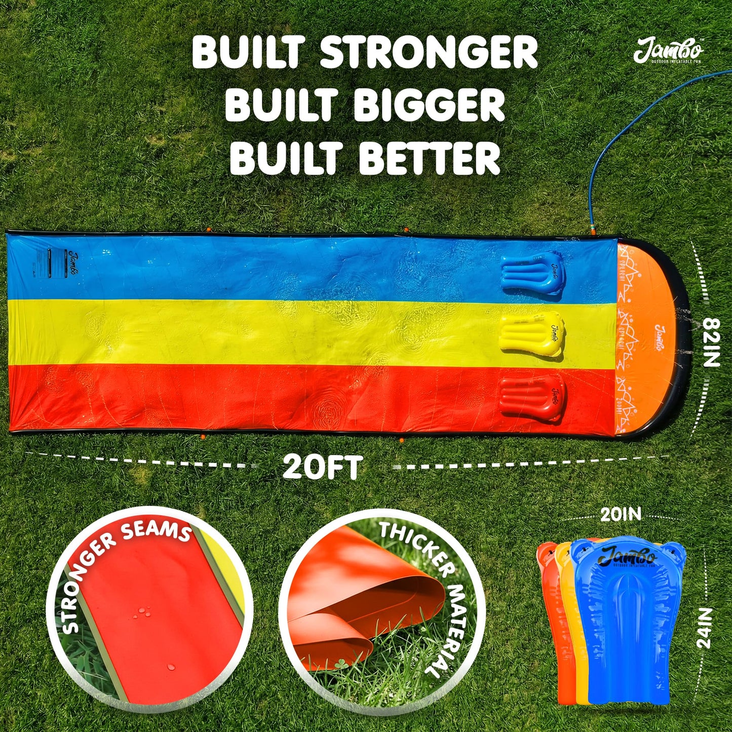 JAMBO Premium Triple Water Slide with 3 Bodyboards, 20Ft Heavy Duty Slip Splash and Slides-Advanced 3-Way Sprinkler System, Splash Pad Mat Backyard Summer Outdoor Water Toys n Long Slides for Kids