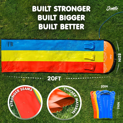 JAMBO Premium Triple Water Slide with 3 Bodyboards, 20Ft Heavy Duty Slip Splash and Slides-Advanced 3-Way Sprinkler System, Splash Pad Mat Backyard Summer Outdoor Water Toys n Long Slides for Kids
