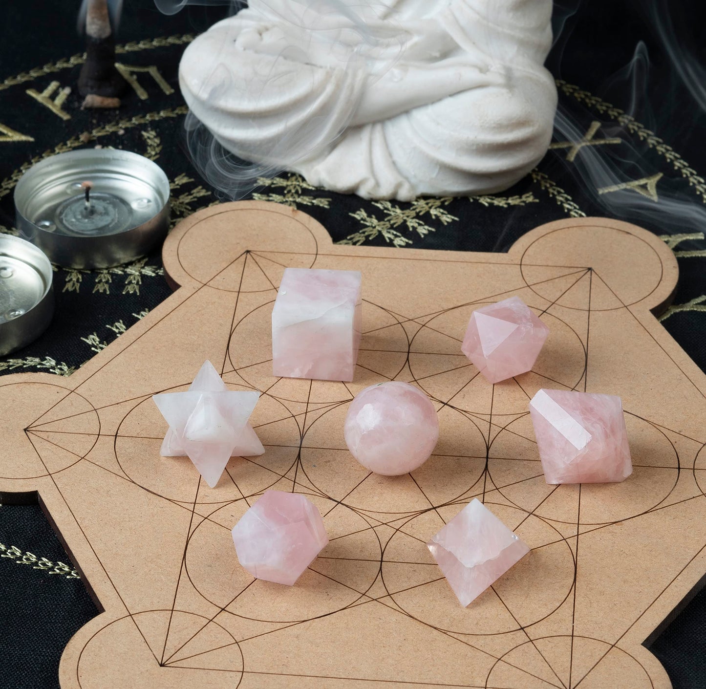 Crocon Rose Quartz 7Pcs Platonic Solids Crystal Geometry Set, Platonic Solids Sacred Geometric Stones for Meditation Reiki Balancing Healing Chakra Stone Cleansing Spiritual Good Luck (15-20mm)