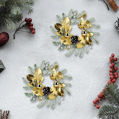 Christmas Candle Rings Wreath,8in Small Wreaths for Kitchen Cabinet with Balls,Pine Cones,Pine Needles and Berries for Home Christmas Table Centerpiece Decorations (6, Gold)