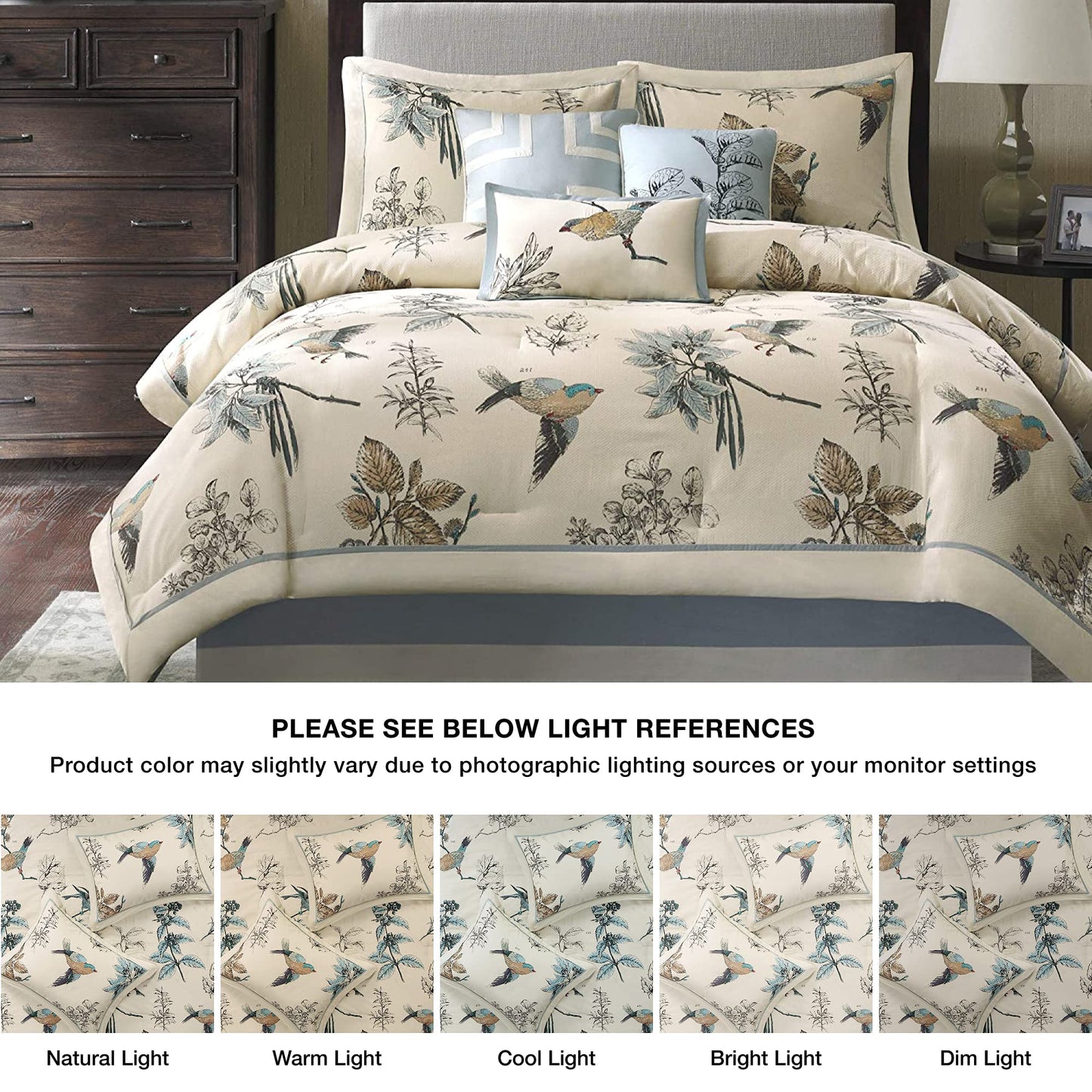 Madison Park Quincy Cozy Comforter Nature Scenery Design - All Season Bedding, Matching Bed Skirt, Decorative Pillows, Quincy, Leaf & Bird Khaki Cal King(104"x92") 7 Piece