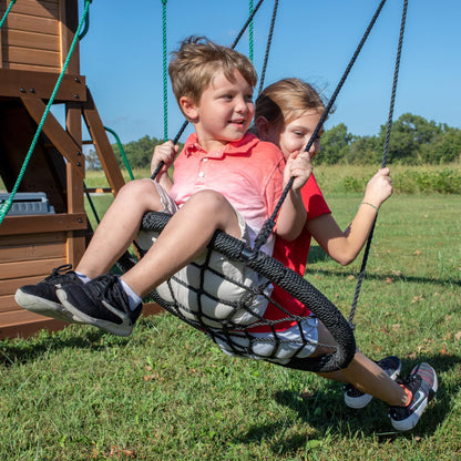 Backyard Discovery Cedar Cove Wood Swing Set with Spiral Tube and Wave Slide, Clubhouse, Toy Grill, Snack Bar, Rock Wall, Belt Swings, Web Swing, Balcony,Chalkboard, Ladder,Outdoor Playset 10 Years