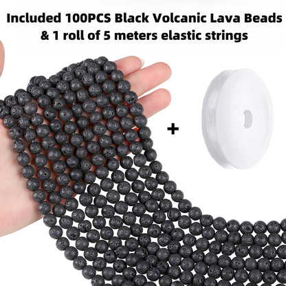 QINJIEJIE 100PCS Black Volcanic Lava Beads 8mm Natural Stone Beads Round Loose Gemstone Bead for Bracelet Beading Crystal Jewelry Making DIY Necklace Earrings 0.32"