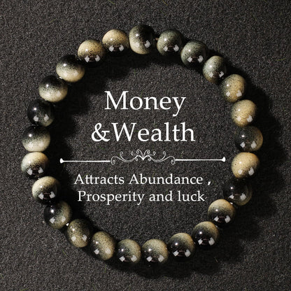 Cryhand Female 8mm Beaded Bracelets For Women Simulated Slivery Black Obsidian Bracelet for Men Handmade Lucky Money Stretchy Crystal Bracelets Best Gifts
