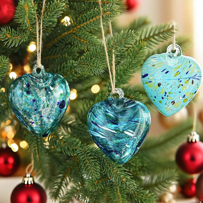 Set of 3 Handmade Glass Heart Ornaments 3.5 Inch Hanging Decoration for Home Garden Wedding Party Decor